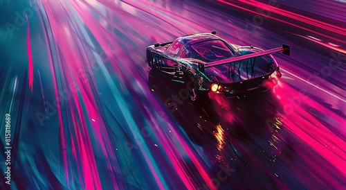 race car drives on a neon highway, colorful gradients, dark turquoise