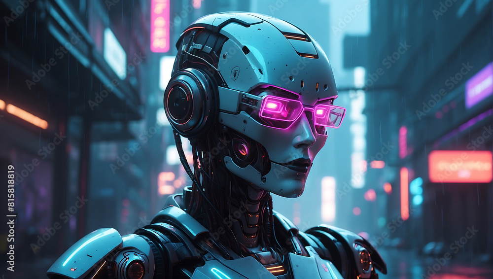 A humanoid robot with a sleek metallic frame, wearing glowing neon blue and pink glasses and intricate headgear with wires and mechanical elements, the robot is set against a rainy A humanoid robot with a sleek metallic frame, wearing glowing neon blue and pink glasses and intricate headgear with wires and mechanical elements, the robot is set against a rainy