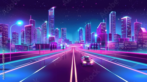 Modern cartoon illustration of a futuristic cityscape with a car on a street and skyscrapers at night.