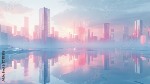 A minimalist architectural rendering of a futuristic city with soft pastel colors and clean lines