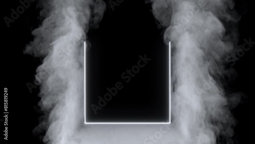 An empty neon flickering square frame with rising white smoke in a seamless loop on black background.
