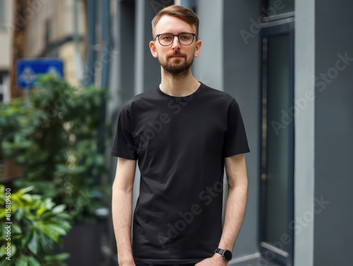 black t-shirt mockup, male model standing outside