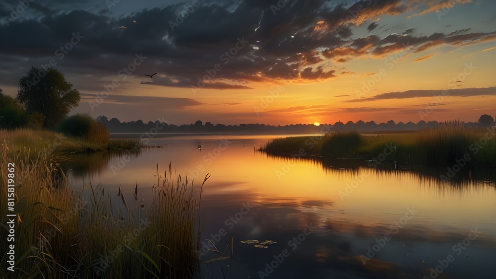 a tranquil lakeside scene at sunset a tranquil lakeside scene at sunset