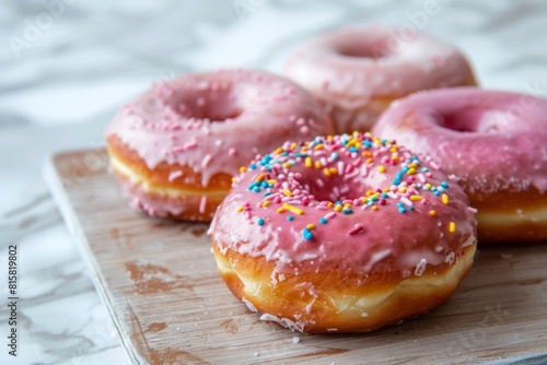 A close-up of pink-frosted donuts with colorful sprinkles on a cooling rack. Perfect for celebrating National Donut Day. Bright colors and playful toppings create delightful visual photo
