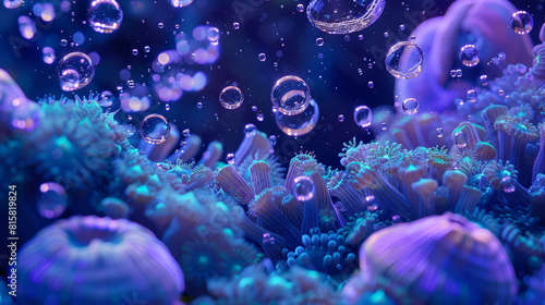 Oil bubbles dance over indigo coral. -