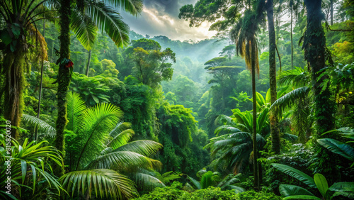Lush ferns and palm trees unfurl beneath a blue sky in this tropical rainforest landscape
