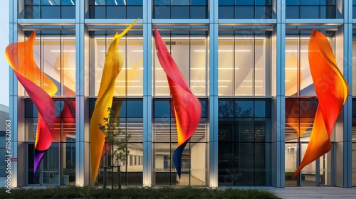 The facade of an office building featuring kinetic fabric sculptures that move with the wind and change appearance throughout the day, adding an artistic touch to the corporate environment.  photo