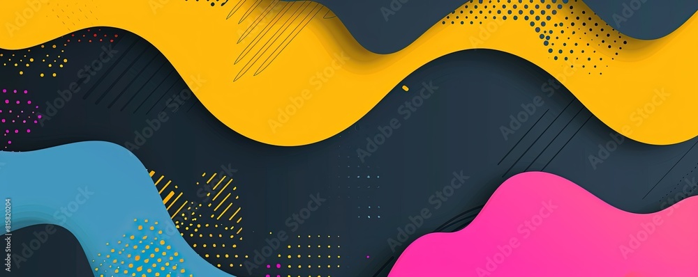 yellow background with Blue and Pink shapes, simple flat vector style, technologically-inspired, minimalist design for an online platform website banner. The background is a dark gray yellow background with Blue and Pink shapes, simple flat vector style, technologically-inspired, minimalist design for an online platform website banner. The background is a dark gray