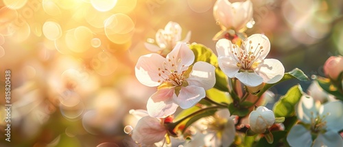 The photo shows a branch of a blossoming tree against the background of the spring sun
