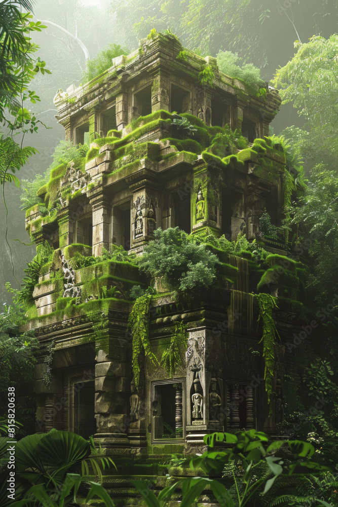 Majestic ancient ruins rising from the heart of a verdant jungle, with moss-covered stones, intricate carvings, and towering temple spires. Majestic ancient ruins rising from the heart of a verdant jungle, with moss-covered stones, intricate carvings, and towering temple spires.