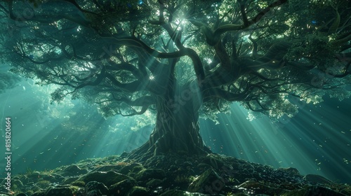 The photo shows a large tree with green leaves. The tree is in a forest and the sun is shining through the trees.