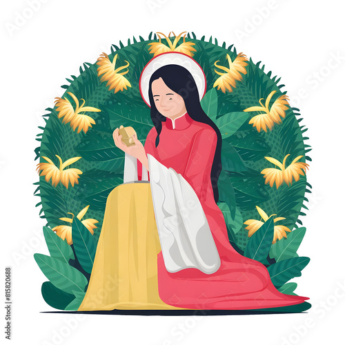 Vietnamese tradition womens cartoon, Beautiful vietnamese woman, Dress vietnamese woman, Digital art illustration,