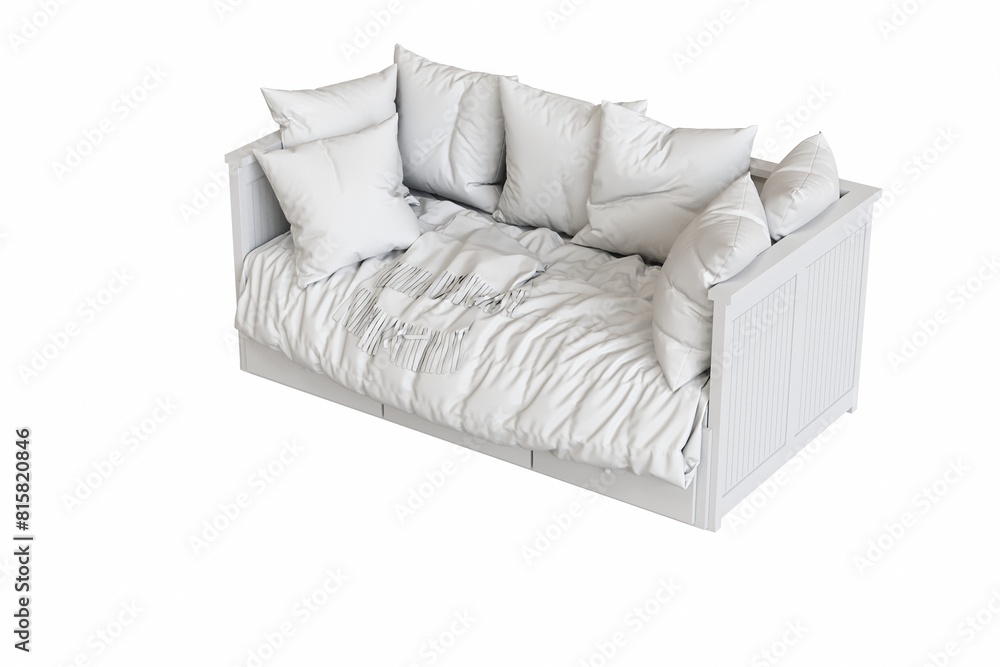 big comfortable bed isolated on white background, home furniture, illustration, 3d rendering