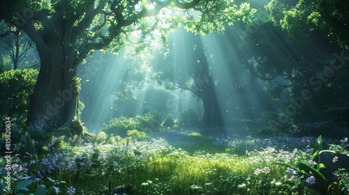 The photo shows sun rays shining through the trees in a dense green forest with violet flowers on the grass.