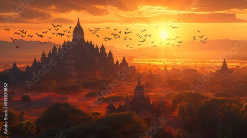 The photo shows the beauty of an ancient temple with a magnificent sunset and a flock of birds flying in the sky. photo