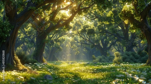 The photo shows the sun shining through the trees in a forest.