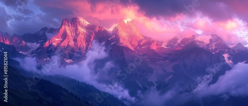 The setting sun casts a pink and purple glow on the clouds and mountain peaks.