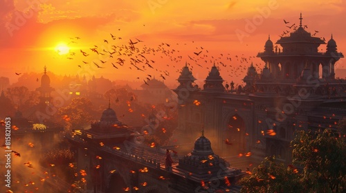 The setting sun casts a golden glow on the ancient city. photo