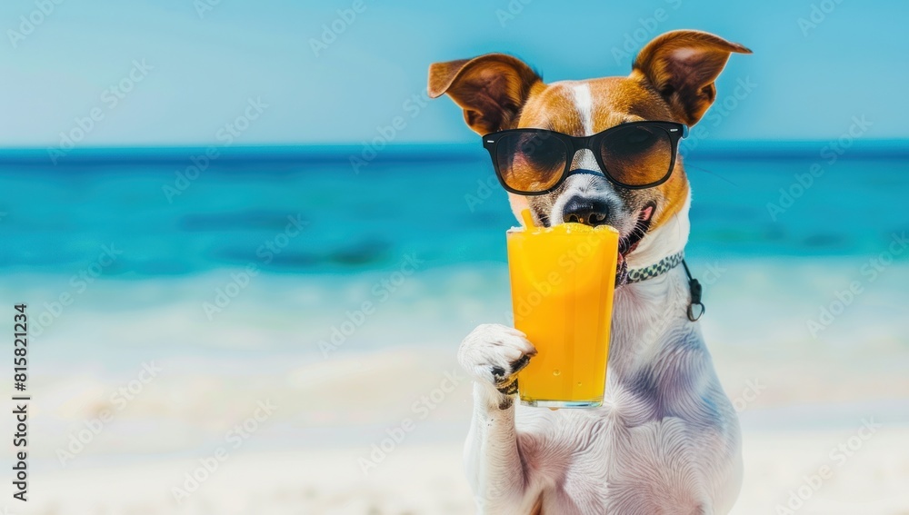 dog lies on the beach with a glass of fresh juice