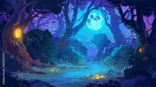 Cartoon modern halloween scene with ghost and firefly in night forest  spooky spooky character on road and moonlight beam illustration. Glowing nature background.