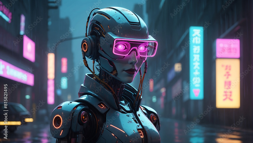 A humanoid robot with a sleek metallic frame, wearing glowing neon blue and pink glasses and intricate headgear with wires and mechanical elements, the robot is set against a rainy A humanoid robot with a sleek metallic frame, wearing glowing neon blue and pink glasses and intricate headgear with wires and mechanical elements, the robot is set against a rainy