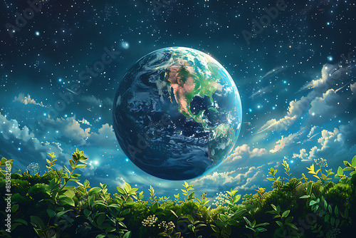 A vibrant blue and green eco Earth globe symbolizes environmental world protection and ecological conservation  promoting the message  Save the Planet  for Earth Day celebrations