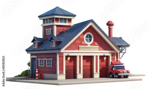 Cartoon fire station with a funny fire truck, transparent or isolated on white background