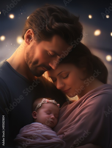 Craft a digital CG 3D image showcasing a couple embracing their newborn baby, using soft lighting and realistic details to bring out the joy and intimacy in their expressions
