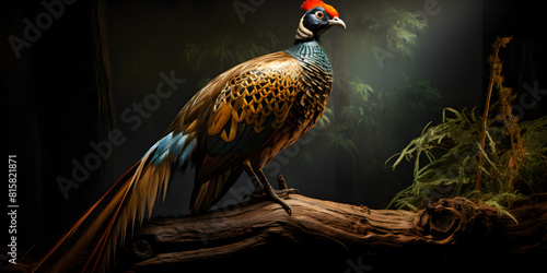 Pheasant in the wild, pheasant perched on wood photo