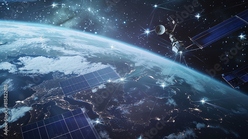 A network of interconnected satellites orbiting high above the Earth, beaming data and communication signals across the globe with unparalleled speed and efficiency.