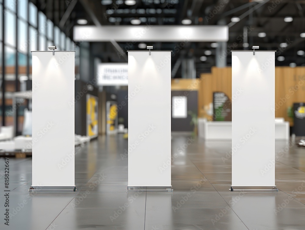 3 white display banners lined up, trade fair