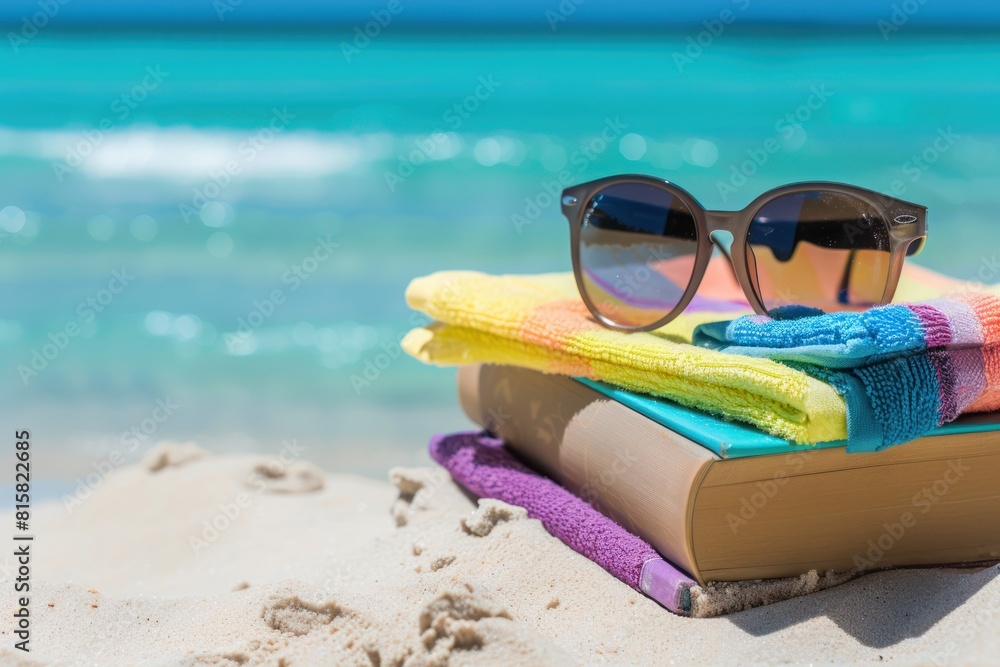 Book, sunglasses and pareo on a beach