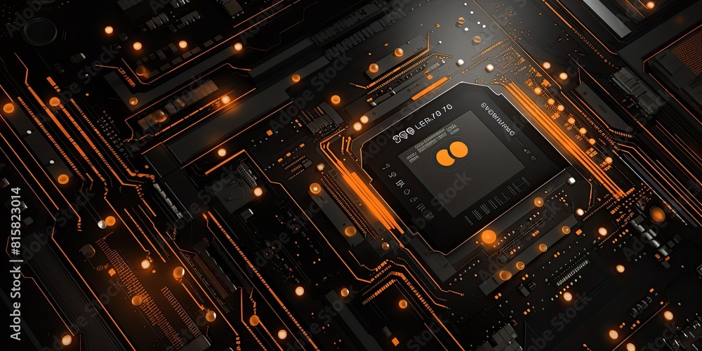 Black and Orange Computer Circuit Board with Lines and Dots Black and Orange Computer Circuit Board with Lines and Dots