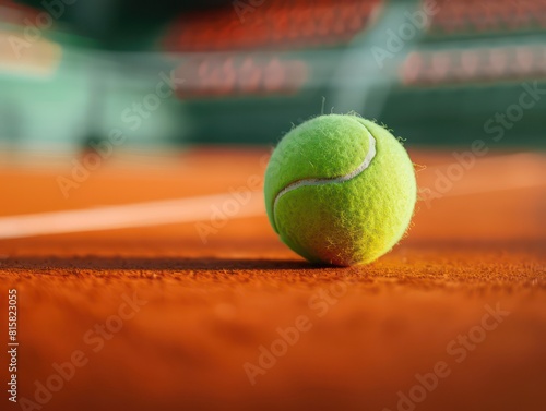 green tennis ball, orange court, low angle, stadium blurred in background