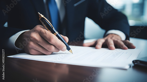 Close-up of a businessman's hand signing a contract with a pen, sealing a business deal with confidence