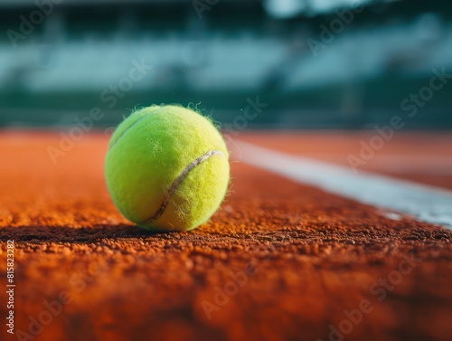 green tennis ball, orange court, low angle, stadium blurred in background © XTSTUDIO