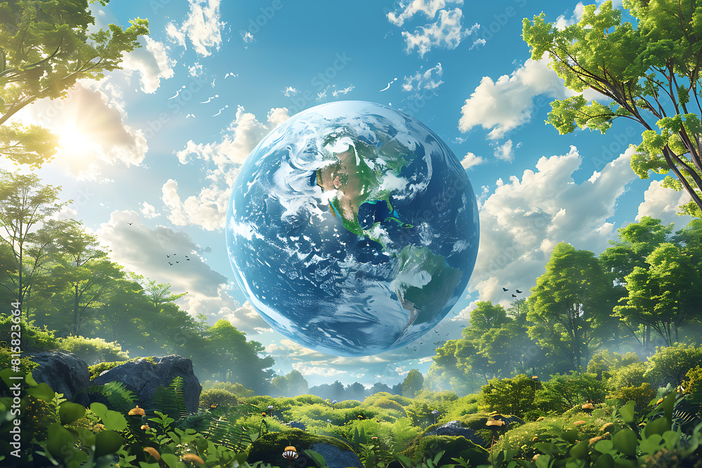A vibrant blue and green eco Earth globe symbolizes environmental world protection and ecological conservation, promoting the message A vibrant blue and green eco Earth globe symbolizes environmental world protection and ecological conservation, promoting the message