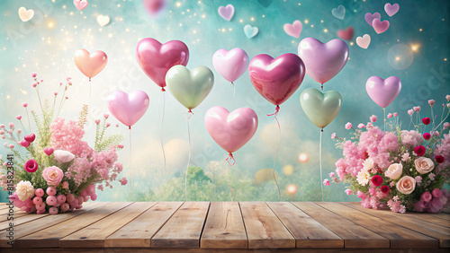 Heart-shaped balloons floating above a wooden table adorned with delicate flowers, against a soft pastel backdrop, creating a whimsical Valentine's Day setting.