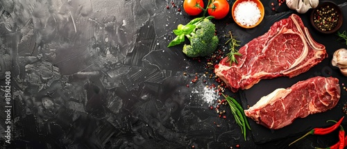Two raw beef steaks with spices and vegetables on a black stone background.