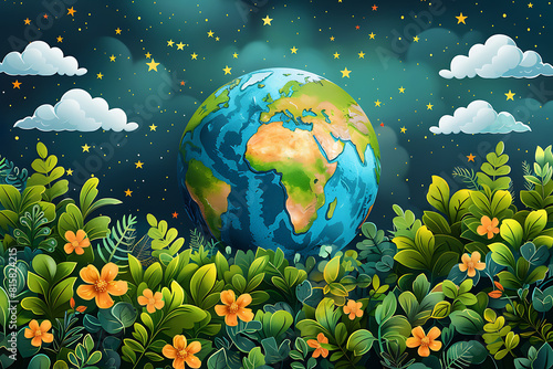 A vibrant blue and green eco Earth globe symbolizes environmental world protection and ecological conservation, promoting the message "Save the Planet" for Earth Day celebrations