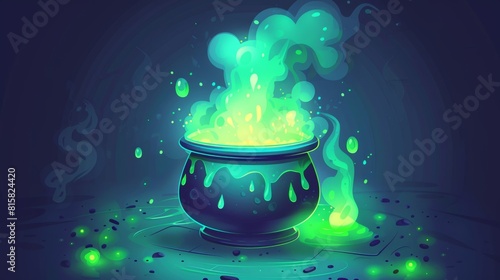 Illustration of witch pot carrying poisonous green substance and puffs of toxic gas. Modern animation sheet with witch cooking elixir, sprite animation sheet, old cauldron of magic potion.