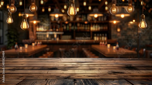 Blurred empty bar interior with wooden tables and hanging light bulbs  background for product presentation on screen or print design mockup. 