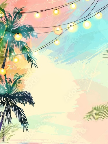 summer night party beach palms with light bulb garlands. large copyspace area  off-center composition