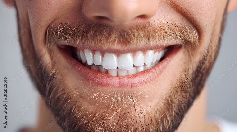 Fototapeta premium Close up of smiling man with white teeth, in the style of white dental modeling. 