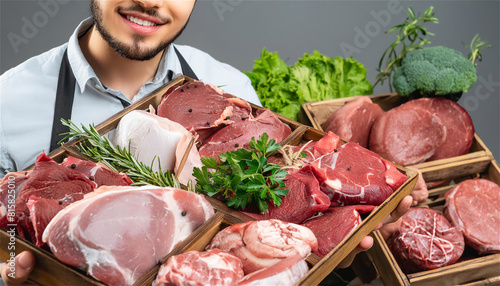 pieces of selected fresh meat are in the hands of the working staff. Fresh meat and vegetables Juicy steak with vegetables. Correct and balanced diet.   