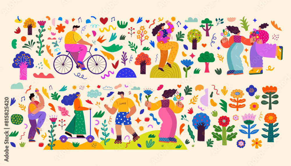Big summer set with people. Happy people dance, rejoice, walk, rollerblade, bike, scooter. Illustration on a summer theme and summer leisure. Summer events and adventures. Big summer set with people. Happy people dance, rejoice, walk, rollerblade, bike, scooter. Illustration on a summer theme and summer leisure. Summer events and adventures.