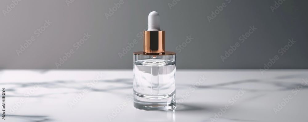 Front view of a luxurious clear glass pump bottle with a gold pump, perfect for highend beauty serums and creams Front view of a luxurious clear glass pump bottle with a gold pump, perfect for highend beauty serums and creams