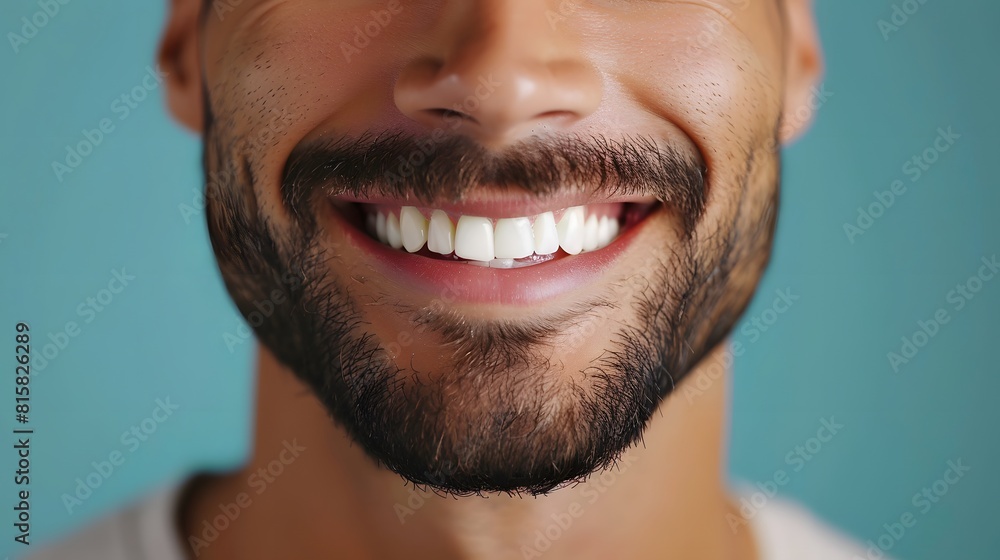 Close up of smiling man with white teeth, in the style of white dental modeling.
Close up of smiling man with white teeth, in the style of white dental modeling.