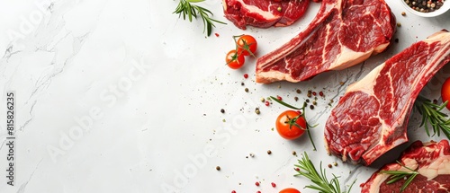 Fresh raw beef steak with spices and herbs on white marble background.