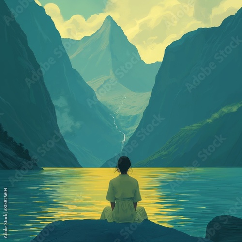Illustration woman back view sitting mountain lake landscape sunrise travel